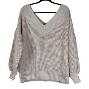 Zenana Sweater Womens M Beige V-Neck Chunky Knit Slouchy Oversized Cozy Neutral